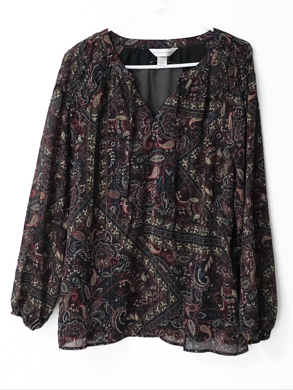 Christopher & Banks Black Paisley V-Neck Blouse Size Medium